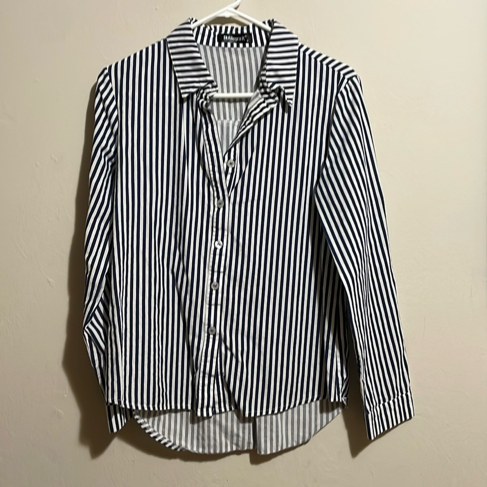 Navy and white striped button down. Size M.